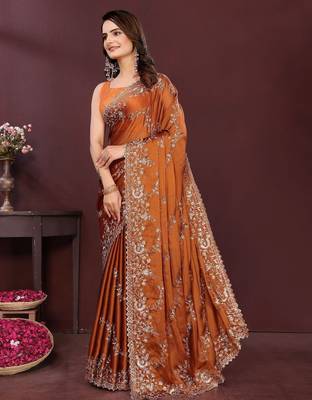 Rust floral embroidered sequinned saree with unstitched blouse 3