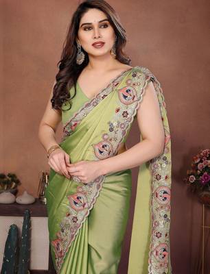 Olive embroidered saree with unstitched blouse 2