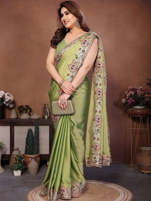 Olive embroidered saree with unstitched blouse 3