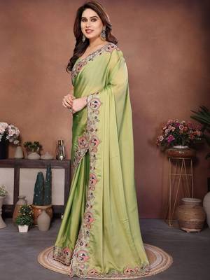 Olive embroidered saree with unstitched blouse 4