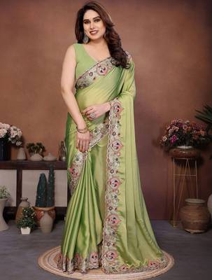 Olive embroidered saree with unstitched blouse 5