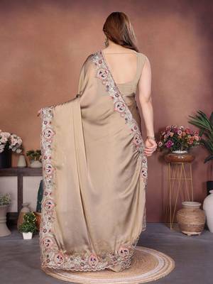 Beige embroidered saree with unstitched blouse 3
