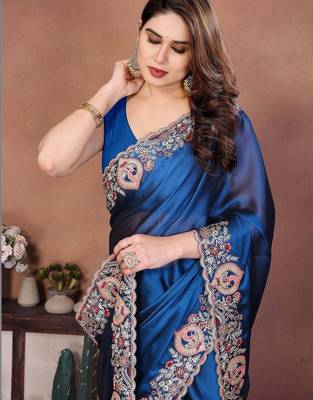 Navy blue embroidered saree with unstitched blouse 1