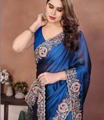 Navy blue embroidered saree with unstitched blouse