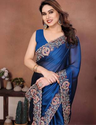 Navy blue embroidered saree with unstitched blouse 2