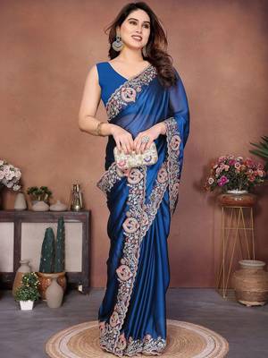 Navy blue embroidered saree with unstitched blouse 3