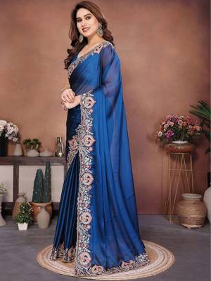 Navy blue embroidered saree with unstitched blouse 4