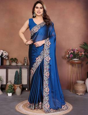 Navy blue embroidered saree with unstitched blouse 5