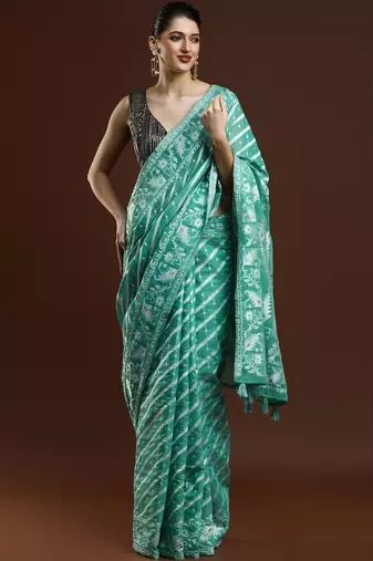 Green woven design chanderi sarees with blouse piece