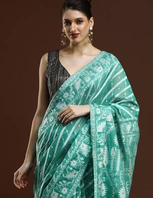 Green woven design chanderi sarees with blouse piece 2