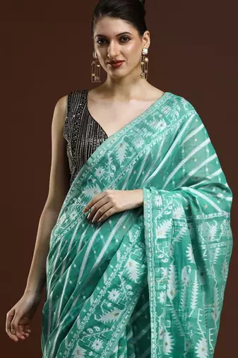 Green woven design chanderi sarees with blouse piece