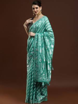 Green woven design chanderi sarees with blouse piece 3