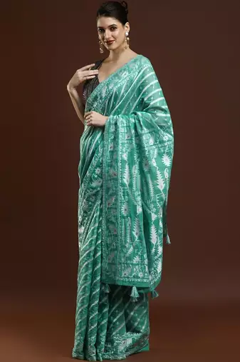 Green woven design chanderi sarees with blouse piece