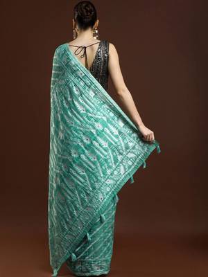 Green woven design chanderi sarees with blouse piece 4