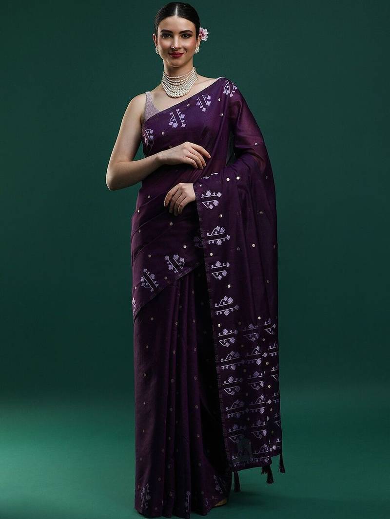 Purple woven design muga saree with blouse