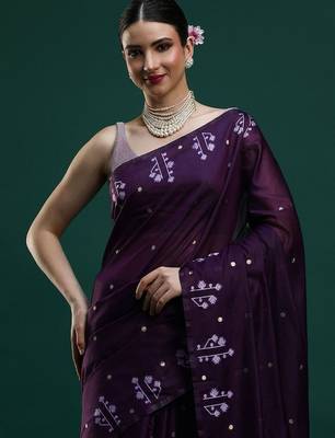 Purple woven design muga saree with blouse 2