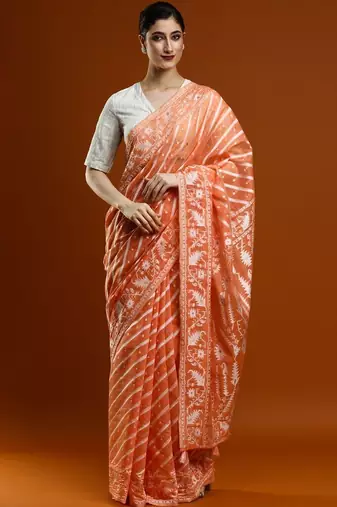 Orange woven design chanderi sarees with blouse piece