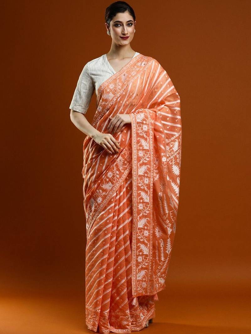 Orange woven design chanderi sarees with blouse piece