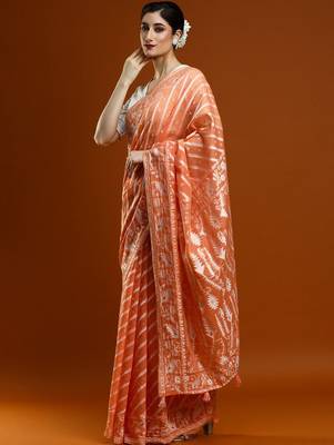 Orange woven design chanderi sarees with blouse piece 3
