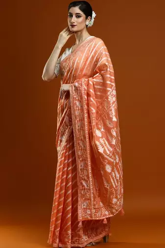 Orange woven design chanderi sarees with blouse piece