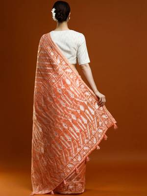 Orange woven design chanderi sarees with blouse piece 4