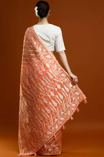 Orange woven design chanderi sarees with blouse piece