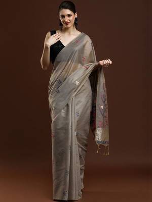 Grey woven design muga sarees with blouse piece 1