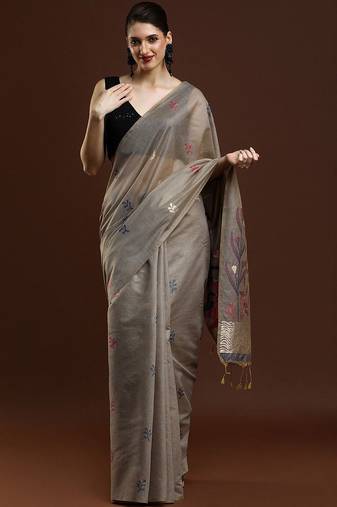 Grey woven design muga sarees with blouse piece