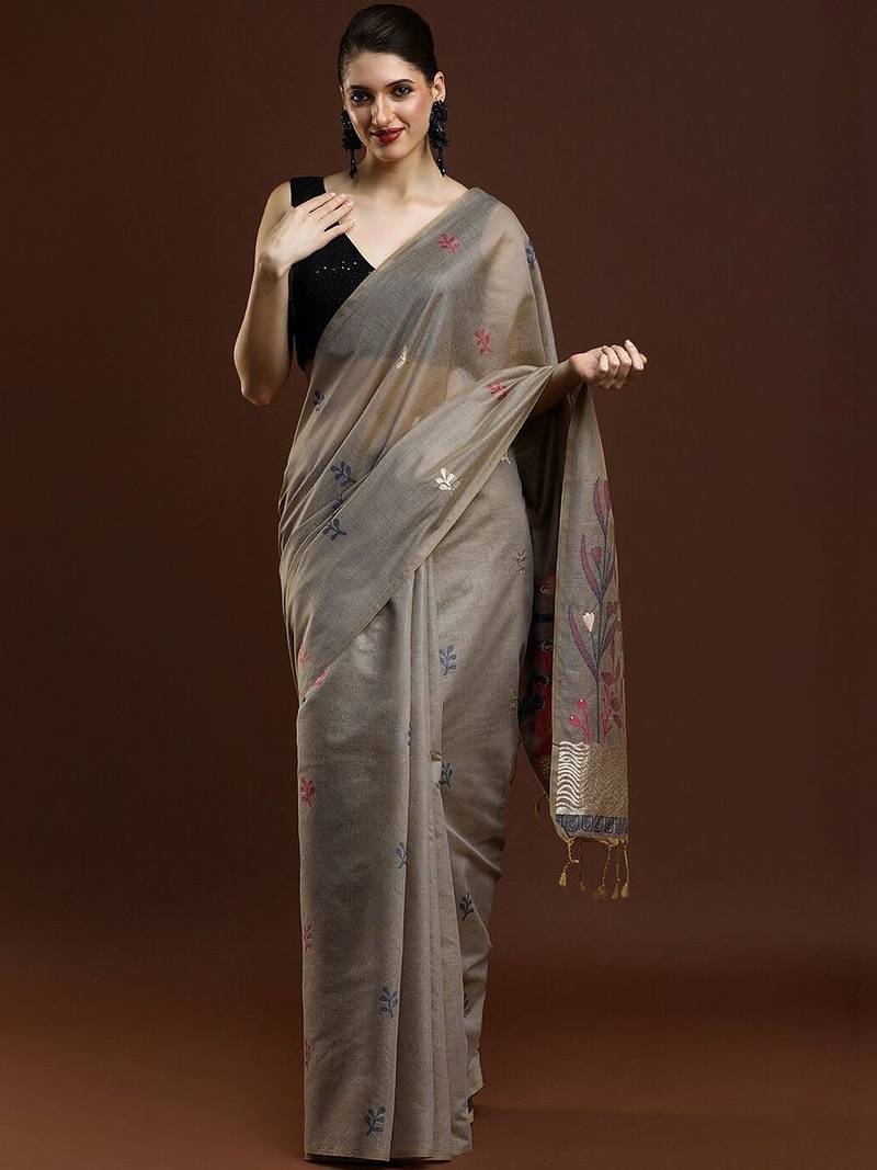 Grey woven design muga sarees with blouse piece