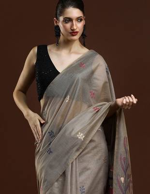 Grey woven design muga sarees with blouse piece 2