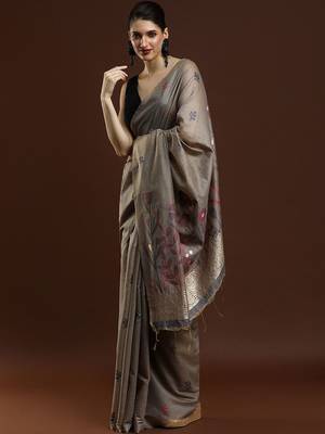 Grey woven design muga sarees with blouse piece 3
