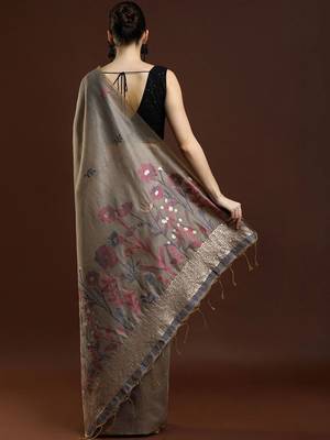 Grey woven design muga sarees with blouse piece 4
