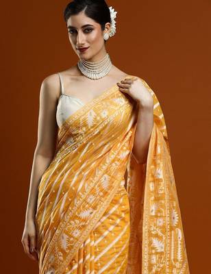 Yellow woven design chanderi sarees with blouse piece 2
