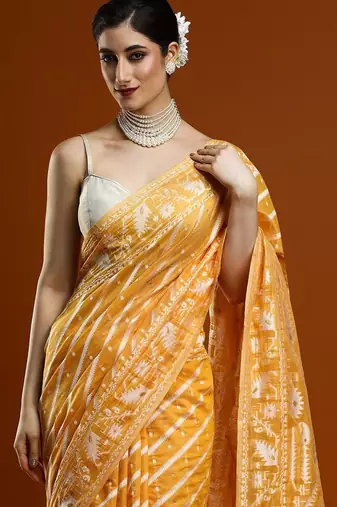 Yellow woven design chanderi sarees with blouse piece