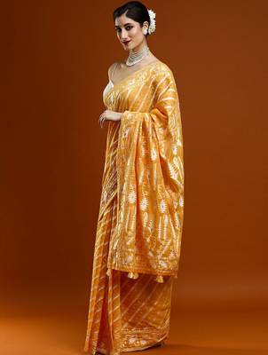 Yellow woven design chanderi sarees with blouse piece 3