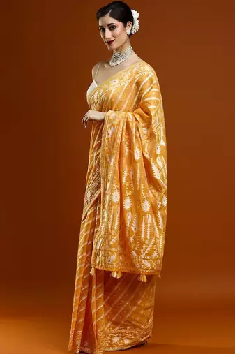 Yellow woven design chanderi sarees with blouse piece