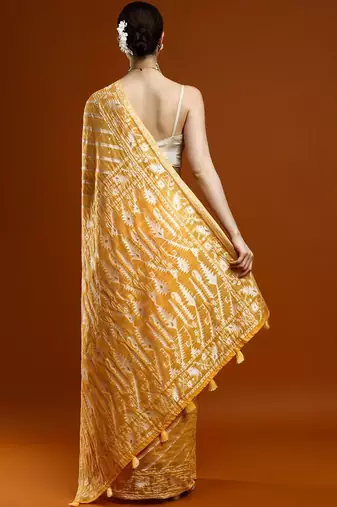 Yellow woven design chanderi sarees with blouse piece