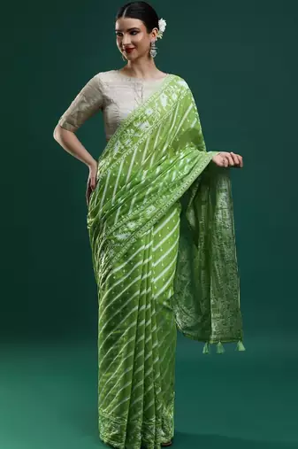 Green woven design chanderi sarees with blouse piece
