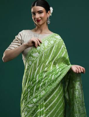 Green woven design chanderi sarees with blouse piece 2