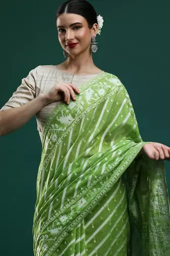 Green woven design chanderi sarees with blouse piece