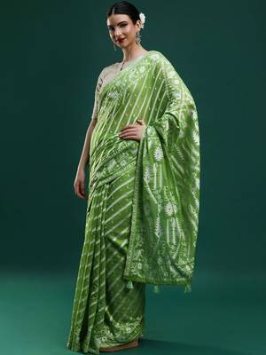 Green woven design chanderi sarees with blouse piece 3