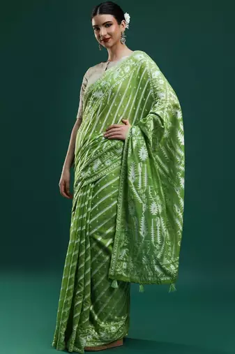 Green woven design chanderi sarees with blouse piece