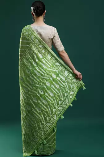 Green woven design chanderi sarees with blouse piece