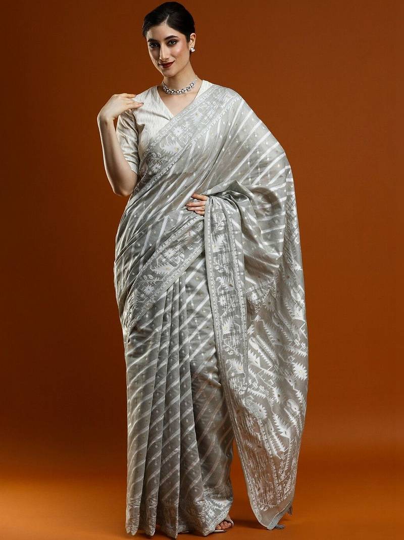 Grey woven design chanderi sarees with blouse piece