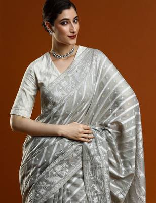Grey woven design chanderi sarees with blouse piece 2