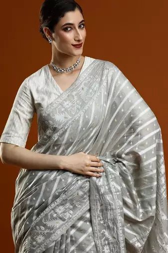 Grey woven design chanderi sarees with blouse piece