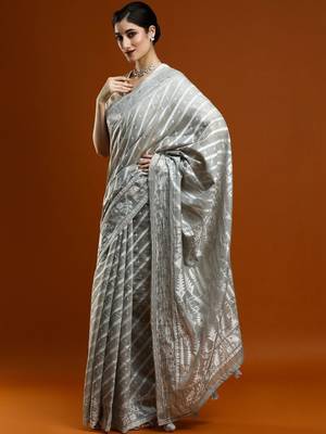 Grey woven design chanderi sarees with blouse piece 3