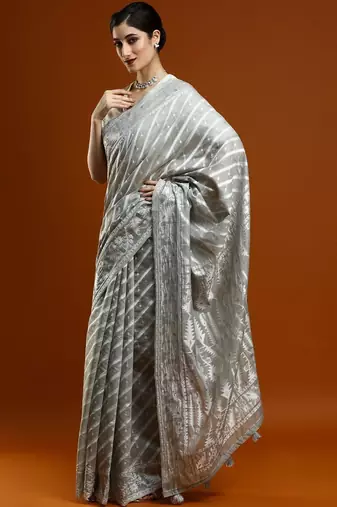 Grey woven design chanderi sarees with blouse piece