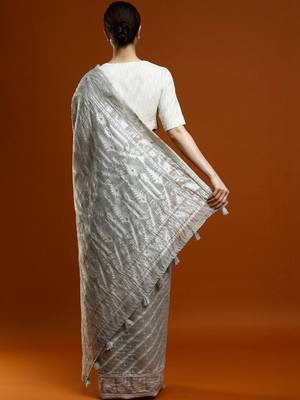 Grey woven design chanderi sarees with blouse piece 4
