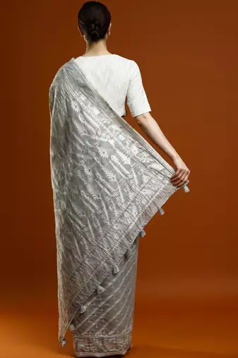 Grey woven design chanderi sarees with blouse piece